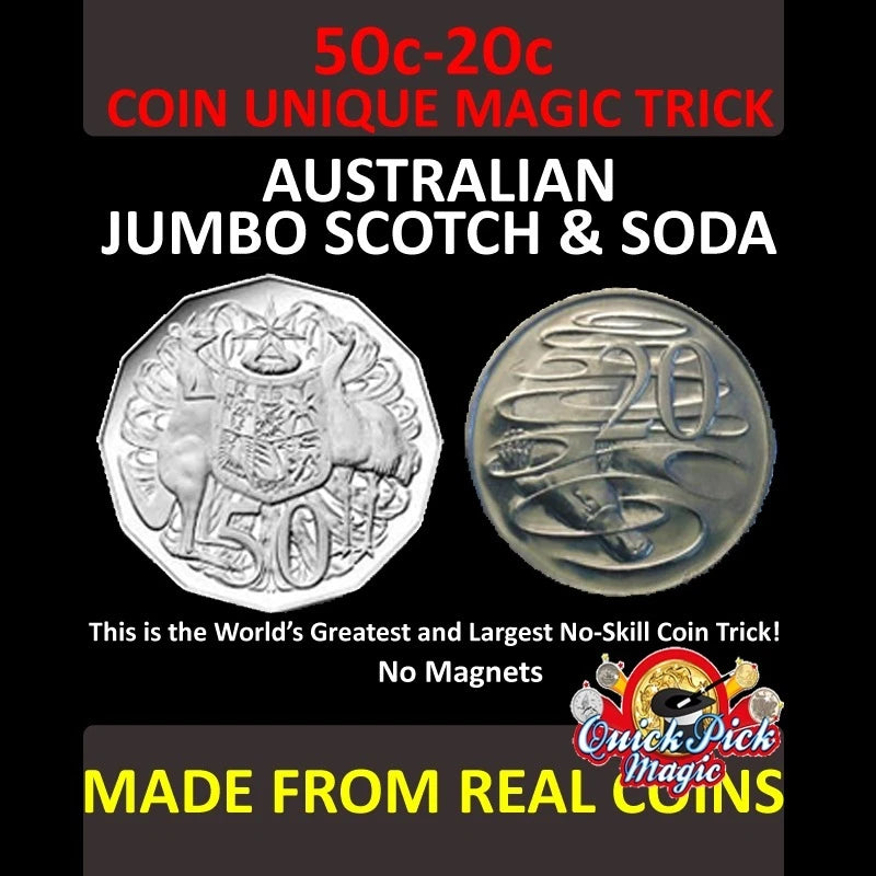 50c - 20c AUSTRALIAN DOLLAR COIN UNIQUE Close Up  MAGIC TRICK SCOTCH AND SODA